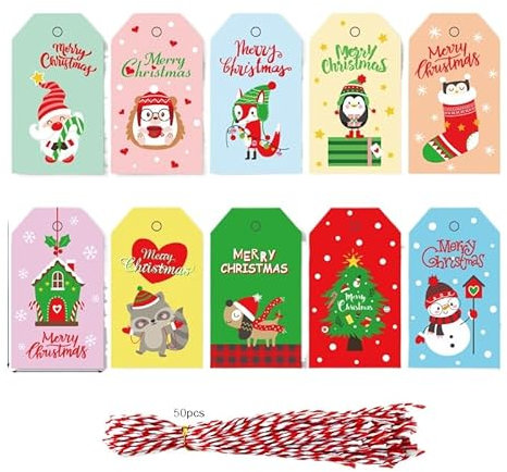 Weihnachtsgeschenkanhänger - 50er Set - Mini-Weihnachtskarten aus Kraft - Mini-Weihnachtskarten - Mini-Weihnachtsanhänger - Papieranhänger für Flaschen und Geschenke (E)