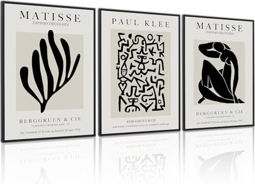 PWAAHDC Matisse Poster Set mit Rahmen 40x60cm | Abstrakte Kunst Wandbilder 3er Set in Beige | Große Moderne Wanddeko für Wohnzimmer & Schlafzimmer
