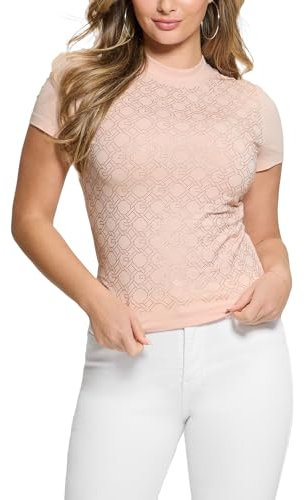 GUESS Maglietta da Donna Eco a Maniche Corte con Colletto Alto e Logo, Mellow Pink, L