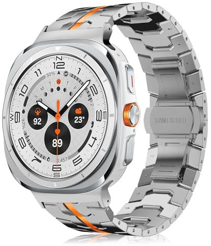 MaEiol Bracelet Métal pour Samsung Galaxy Watch Ultra (2025) 47mm / Samsung Galaxy Watch Ultra (2024) 47mm, Bracelets Métal Entreprise Remplacement Acier Inoxydable pour Hommes Femmes, Titane&Orange
