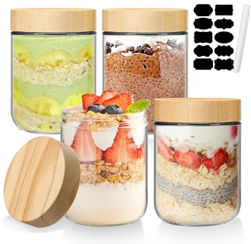 Bocaux en Verre avec Couvercle Hermétique Overnight Oats Jar Pot Yaourt Chocolats Chauds, Puddings, Snacks, Thé, Café, Sucre Meal Prep Containers Bocaux Rangement Cuisine 450 Ml, Set de 4 Pièces