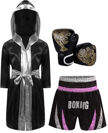 MSemis Pantaloncino Kick-Thai Bambino Ragazzo con Cappotto Pugile e Guanti da Pugile Pantaloncini Muay Thai MMA Kickboxing Trunks Grappling Cage Fighting Training Shorts Rosa&Argento 5-6 Anni