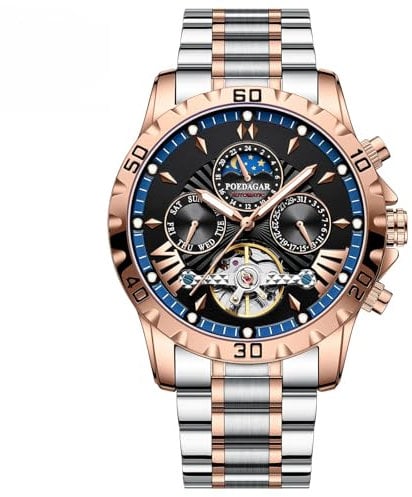 Poedagar Luxury Automatic Mechanical Wristwatch Tourbillon Waterproof Luminous Business Men Watch Date Week Stainless Steel Men Watches, Rose gold blue., Bracelet