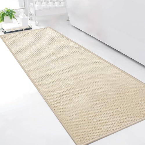 Cheerx Badteppich rutschfest Waschbar 50 x 150 cm, Badematte mit Gummi, Chenille Badezimmerteppich, Super Saugfähige Badvorleger, Bath Mat für Dusche,Badewanne und Toilette, Beige