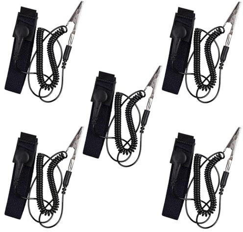 GTIWUNG 5 Piezas Pulseras Antiestaticas, Munequera Antiestatica, Anti Estática ESD Muñeca Banda, Pulsera con Banda de Toma de Tierra, Evita la Acumulación de Electricidad Estática, Negro