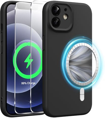 Xiltlly Coque Magnétique en Silicone pour iPhone 12 6,1 Pouces avec 2 Verre Trempé, Compatible avec MagSafe Aimants Intégrés, Étui Housse Antichoc Anti-Rayures Case pour iPhone 12, Noir
