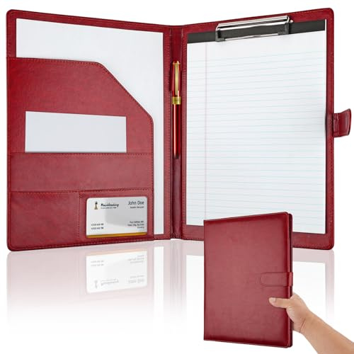 Porte-documents professionnel avec porte-bloc, classeur en cuir synthétique, support juridique pour bloc-notes A4, CV, écriture, organiseur idéal pour le bureau, les conférences (rouge)