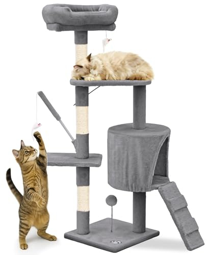 vounot® Arbre à Chat Hauteur 112cm Multi Niveaux Arbre à Grimper avec Griffoirs pour Chats Centre d’Activités avec Niche Escalade et Plateformes Gris