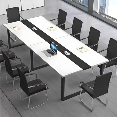 CCUKTFN Großer Konferenztisch, Moderner Besprechungstisch mit Kabelkanal und Schwarzem Metallrahmen für 8–12 Personen, Rechteckiger Seminar-Tisch für Büro, Konferenzraum