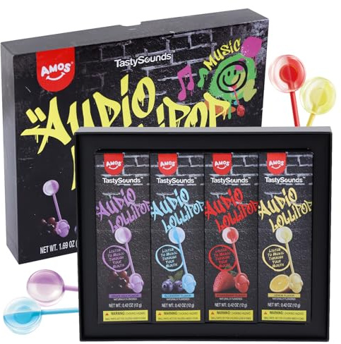 AMOS TastySounds Audio Lollipop Piruleta Musical Sin Azúcar Sabores Variado | Piruleta Musical Interactiva Con Conducción Ósea, Envoltorio Individual. Ideal Para Fiestas, Regalos y Bolsas Cumpleaños.
