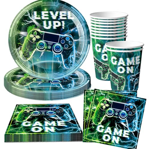 YOUYIKE Videojuegos Vajilla Cumpleaños para 10 Invitados con Platos Vasos Servilleta de Papel Verde Esmeralda Tema del Juego Cubiertos Decoraciones para Fiestas de Cumpleaños