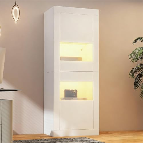 KOMHTOM Vitrine en Verre 2 Portes avec Éclairage LED Armoire d'Exposition 162cm pour Vaisselle Meuble de Rangement Blanc(White + Particle Board-2)
