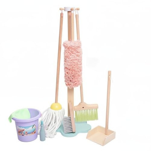 FytStycale Carrello Pulizie Bambini Set Accessori Pulizia Giocattolo in Legno con Scopa Paletta E Supporto per Migliorare Capacità Organizzative Adatto a Gioco di Ruolo Organizzazione Domestica