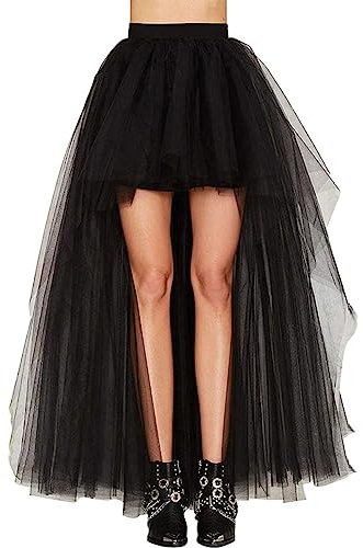 Zooma Jupe Noire pour Femme Punk asymétrique Robe Steampunk Cocktail Mousseline Dentelle Party Jupe Cosplay, 9437-noir, 2XL