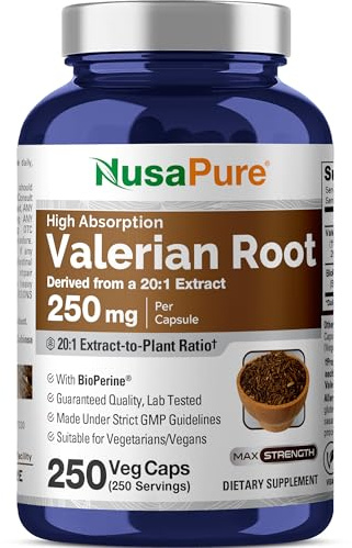 NusaPure Valerian Root Capsules, 250 mg, 250 Veg Capsules (Non-GMO, Vegan)