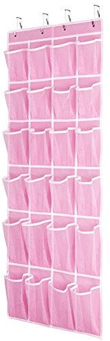 SAVERHO Hanging Shoe Organizer, Over The Door Shoe Organizer with 24 Breathable Mesh Pockets for Men Women Kids Hanging Shoe Storage Rack Organizer Size:58x21 Inch(Pink)
