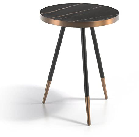 Ángel Cerdá - Tavolino Rotondo in Porcellanato Effetto Marmo Nero e Acciaio Color Bronzo - Tavolino Moderno e Sofisticato per Salotto o Zona Lettura - Ø46 x 56 cm