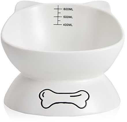 Swuut Large Raised Cat Bowl for Dry Wet Food,15cm Water Bowl Ceramic Tilted Elevated Pet Bowl Dish with Measuring,Spine Protect,Slanted Design for Easy Eating,Gift for Cat(White)