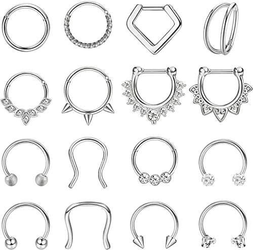 Adramata 16 Stück Septum Ringe 16G Hufeisen Edelstahl Daith Ohrringe Nasenringe Hoop CZ Knorpel Helix Tragus Ohrringe Septum Clicker Schmuck 8mm