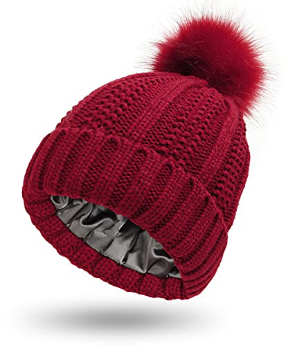 Micoop Winter Strickmütze Beanie Mütze Weich Warm Satin Gefüttert Ski Cuff Cap mit Pom Pom für Mädchen und Frauen