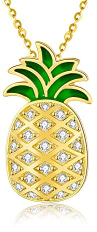 LINSTER Ananas Kette Damen 925 Sterling Silber 14 Karat vergoldet Ananas Anhänger Halskette Schmuck Geschenke für Frauen Mädchen Teenager