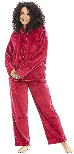 Camille Women's 2 Piece Super Soft Pyjama Set - Thick Luxury Fleece Full Length PJ Set -Long Sleeved with Elasticated Waist & Sherpa Lined Hood Magenta 10-12