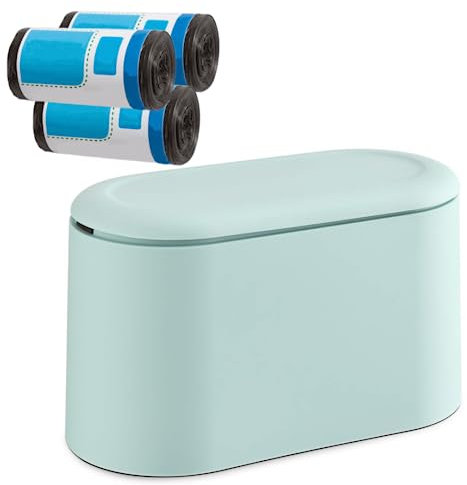 MEETOZ Mini Trash Can with Lid, Desk & Countertop Garbage Can, Tiny Waste Basket, Free 3 Rolls of Light Green Trash Bags