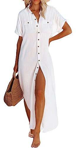 Bsubseach Swimsuit Coverup for Women Long Kimonos Cardigans Side Split Button Down Bathing Suit Cover Ups Short Sleeve Summer Beach Outfits White