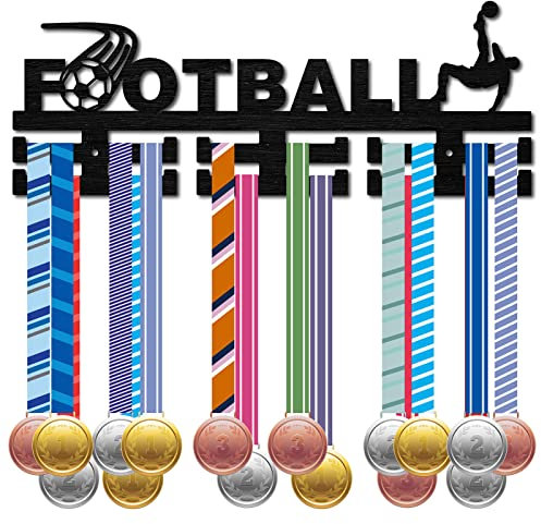 CREATCABIN Porte-Médaille de Football Support de Médaille de Sport de Football Porte-Médaille Support Mural D'Affichage Monté sur 30 médailles en Bois pour la Natation Course à Pied Gymnastique