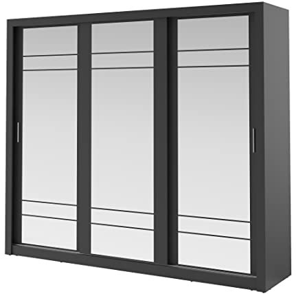 MINIO go for it - ARTI Kleiderschrank mit Spiegel Schwarz 250cm Breit, Schwebetürenschrank Kleiderschränke Garderobenschrank, Schlafzimmerschrank mit 3-türig, inkl. 2 Kleiderstangen, 9 Einlegeböden