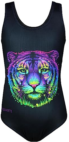 Aquarti Badeanzug Mädchen – Sportlicher Mädchen Badeanzug mit Ringerrücken Print, Farbe: Bunter Tiger/Schwarz, Größe: 134