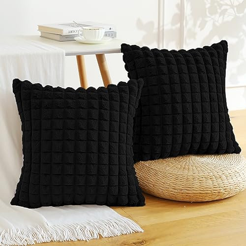 Soleebee 2er Set Plüsch Samt Kissenbezüge, Weiche Künstliche Pelz Plaid Textur Kissenbezug Sofa Zierkissenbezüge Dekokissen Kissenhülle Set für Couch Schlafzimmer Zuhause Dekor (50x50cm, Schwarz)