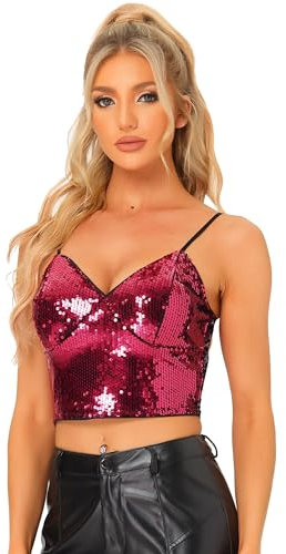 Allegra K Damen Halloween-Kostüm Ärmellos Pailletten Crop Top Spaghettiträger Club Party Tanktop Oberteil Schwarz Rot S