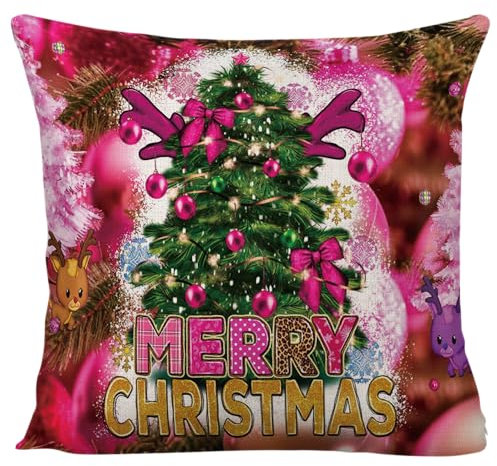 Federa per cuscino con scritta Merry Christmas, motivo a quadri rosa, per divano, letto, albero di Natale e renna, in cotone e lino, 45,7 x 45,7 cm, senza inserto per cuscino