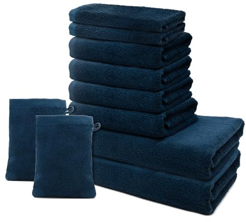 Lot de 10 Serviettes | 2 Serviettes de Bain 70x140 + 4 Serviettes de Toilette 50x100 + 2 Serviettes Invités 30x50 + 2 Gants de Toilette 15x20 | 100% Coton | 500g/m2 | Oeko-TEX |Marque Ôhm | Bleu foncé