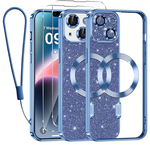Kokio für iPhone 14 Plus Hülle Mit Glitzer Karte,[Kompatibel mit MagSafe],Mit 2*Schutzfolie und 1*Handykette,Kamera Objektivschutz,iPhone 14 Plus 6.7 Flash Handyhülle für Frauen Mädchen,Blau