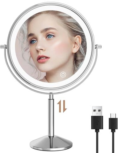 yngtoue 23cm Schminkspiegel mit Beleuchtung und Höhenverstellung, 10XVergrößerung, LED, wiederaufladbar, 360° drehbar, Kosmetikspiegel, 3 Farben, Chrom (940C)