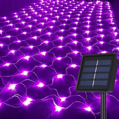 DINOWIN Solar LED Lichternetz Außen 1,1 x 1,1M 100 LED Lichterkette Netzlicht Mesh Lichtervorhang 8 Modi Baum Lichterkette für Party Garten Balkon Hochzeit Geburstag Weihnachten (Lila)