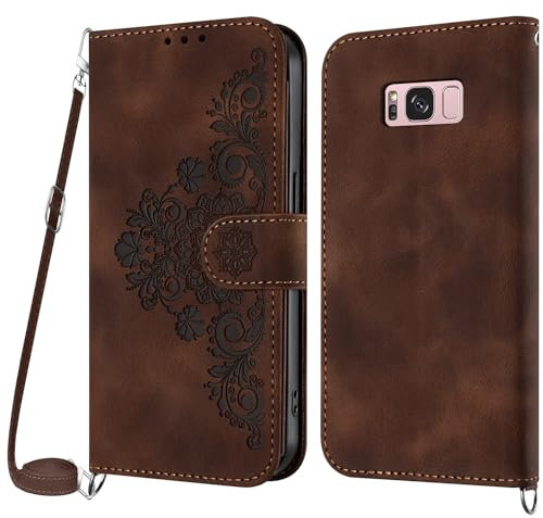 Netany Handykette Hülle für Samsung Galaxy S8, Handyhülle für Samsung S8 Hülle mit Kette Klappbar, PU Leder Necklace Klapphülle und Umhängeband Lanyard Flip Stoßfest Schutzhülle mit Band (Braun)