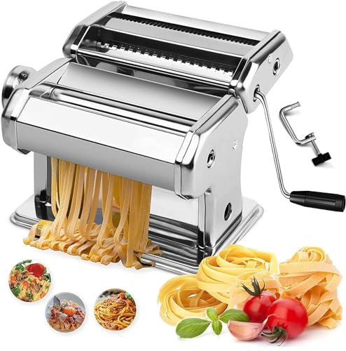 Pasta Maker Machine - Adjustable Crank Roller & Attachments - Manual Hand Press - Silver