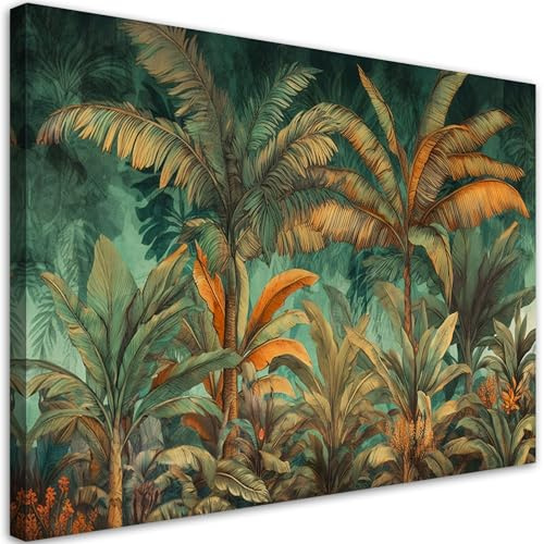 Feeby - Wandbilder Wohnzimmer Laub Natur 120x80 cm Leinwand Bilder, Bilder für Schlafzimmer, Echter Gemalter Effekt, Moderne Wanddeko, Gemälde - Dschungel Exotik Orange