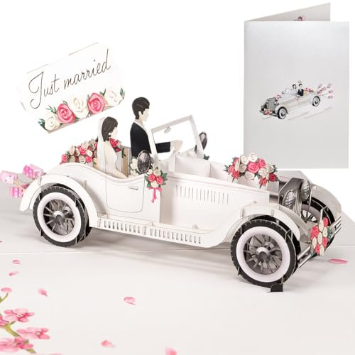 Sweetpopup® Pop Up Karte Hochzeit – 3D Hochzeitskarte mit Hochzeitsauto & Geldgeschenk Verpackung – Glückwunschkarte für Brautpaar, Hochzeitstag, Hochzeitsreise – Premium Metallic Papier, 057