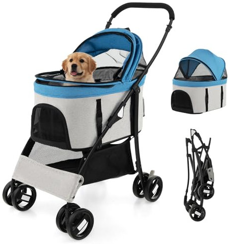 COSTWAY Passeggino per Cani Pieghevole 3 in 1, Carrello per Animali Domestici con Tettuccio Regolabile e Cesto, Trasportino a 4 Ruote per Cani di Piccola e Media Taglia (Azzurro)