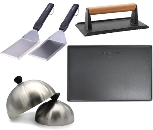 SANTOS Smash Burger Set mit Fleischpresse Schmelzglocken Spachtel Gusseisen Grillplatte BBQ Zubehör für Cheeseburger Plancha Smashed Burger