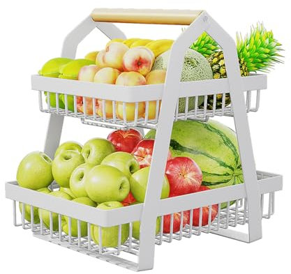 Heikoeco® Obstschale, Obstkorb, Obst Etagere, 2-Stöckiger Obstkorb aus Metall für Küche, Wohnzimmer, Büro, Obst Etagere, Obst Aufbewahrung (weiß, 42.5x 36x 40)