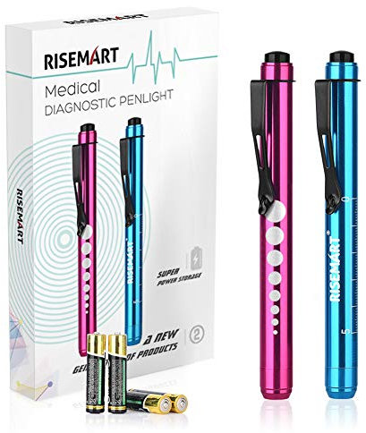 Diagnostikleuchte Pupillenleuchte, RISEMART 2 Stück Wiederverwendbare LED Stiftlampe mit Taschenclip alsr Krankenschwestern Ärzte Schüler Stiftlicht mit 4 Batterien (Rot und blau.)
