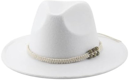 SOYNIA Fedora Trilby Filzhut Hut Hüte Für Damen Fedora Gefilzt Herrenhut Panama Lässig Vintage Western Cowboy Kette Breite Krempe 52–54 cm (Kinder) Weiß