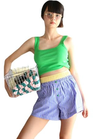 Damen Niedliche Mini-Shorts Y2K Plaid Lounge Sommerhose Elastisch Ästhetisch Pyjama PJ Bottoms Cottagecore Gingham Kleider, blau, M