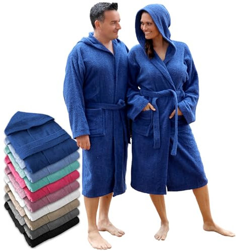 LEBENGOOD Peignoir de bain à capuche, pour femme et homme 100% coton éponge 400 g avec ceinture, poches, douche, peignoir doux, serviette (hombre.Capucha Azulon M)