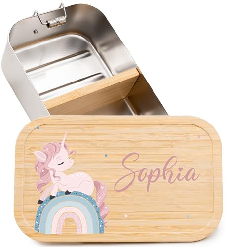 Kidsmood - Personalisierte Brotdose Kinder mit Fächern, Edelstahl Lunchbox mit Bambusdeckel | Schadstoffrei bedruckt, mit niedlichem Tier-Motiv & Namen, Geschenke zur Einschulung Mädchen & Jungen
